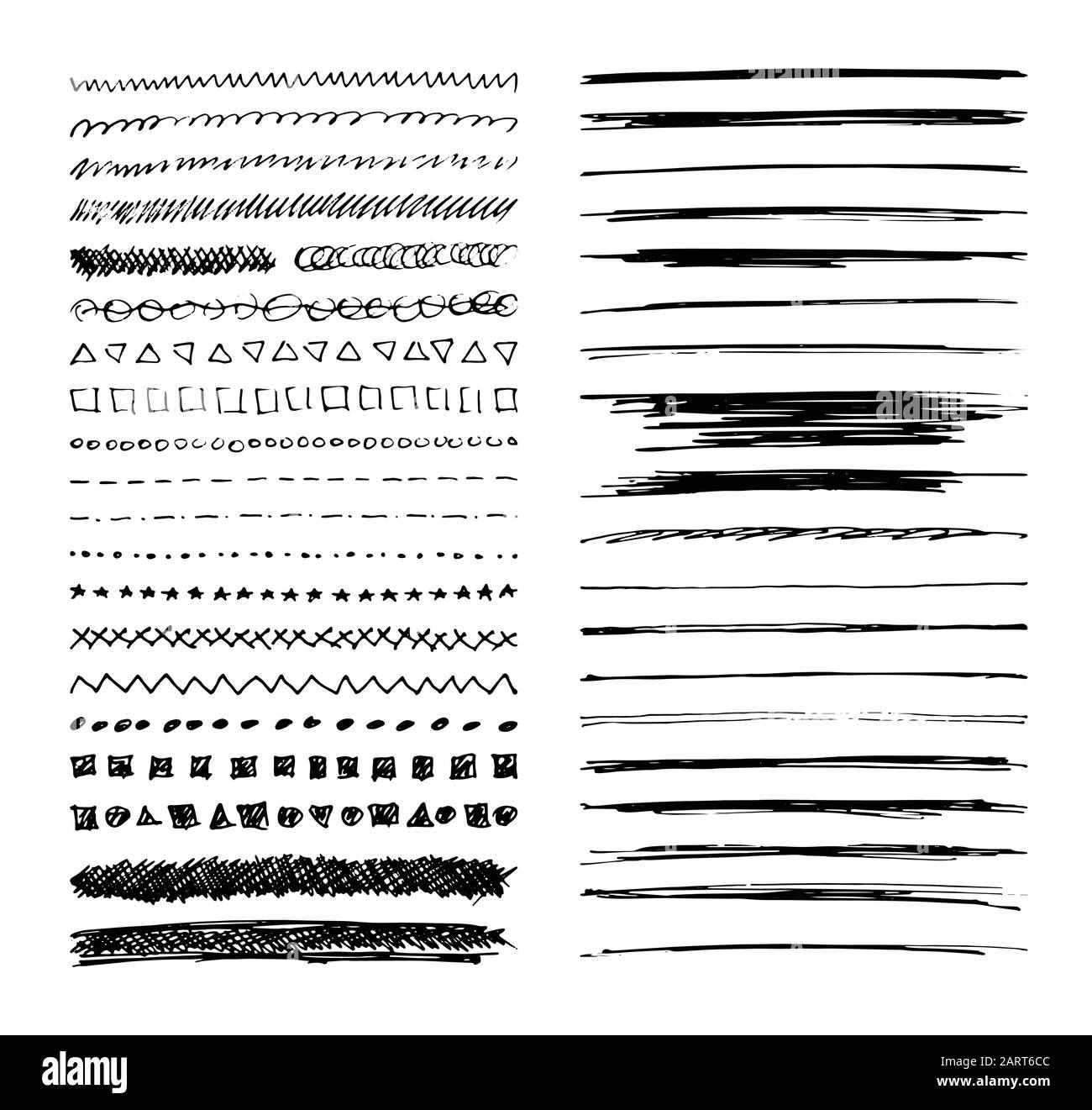 Set of hand drawn line borders, scribble strokes and design elements isolated on white. Doodle style brushes. Monochrome vector eps8 illustration. Stock Vector