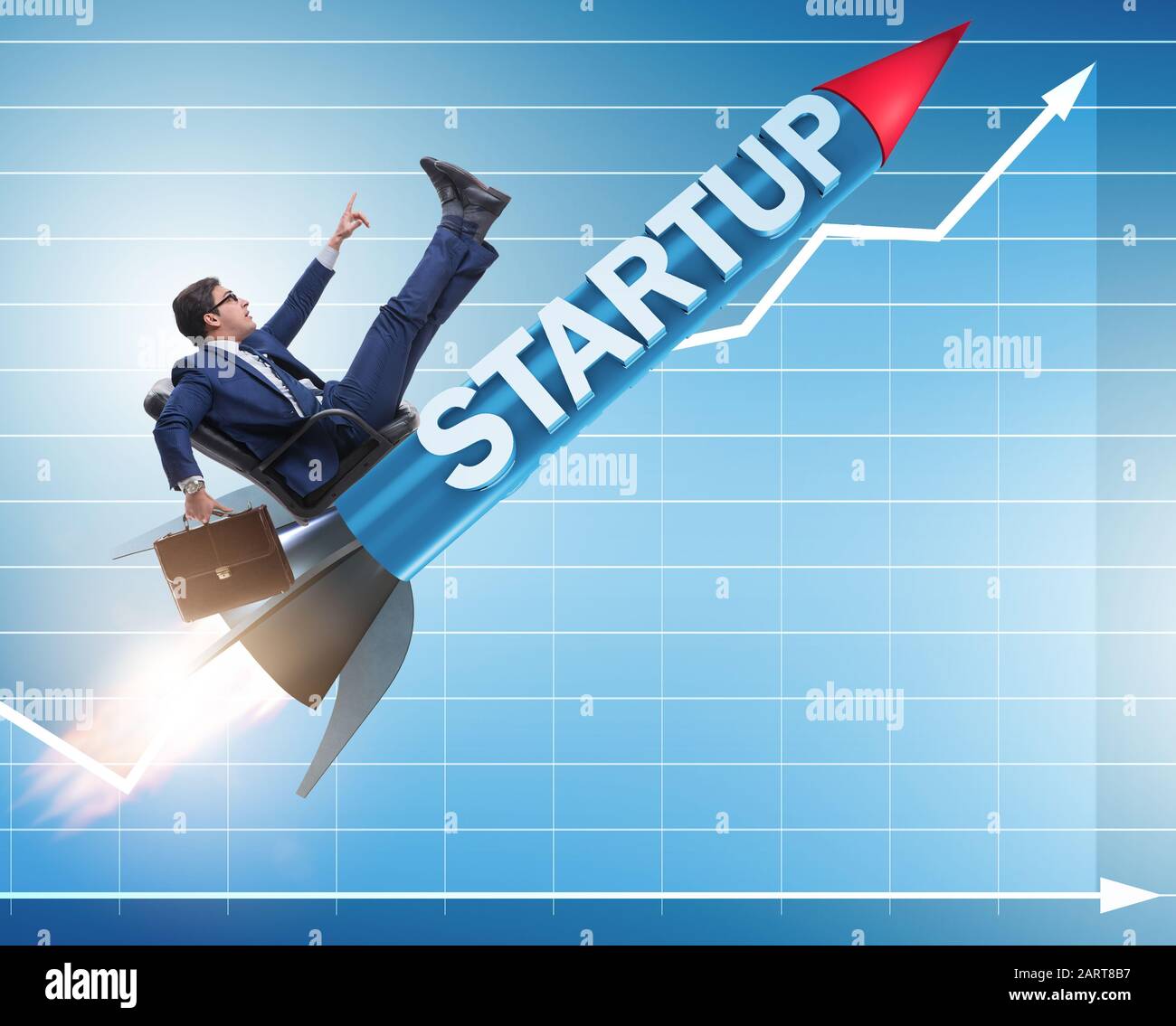 The businessman in start-up concept flying on rocket Stock Photo - Alamy