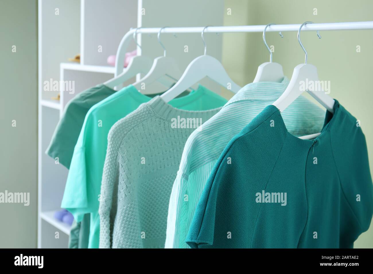 Rack with clean female clothes in dressing room Stock Photo Alamy