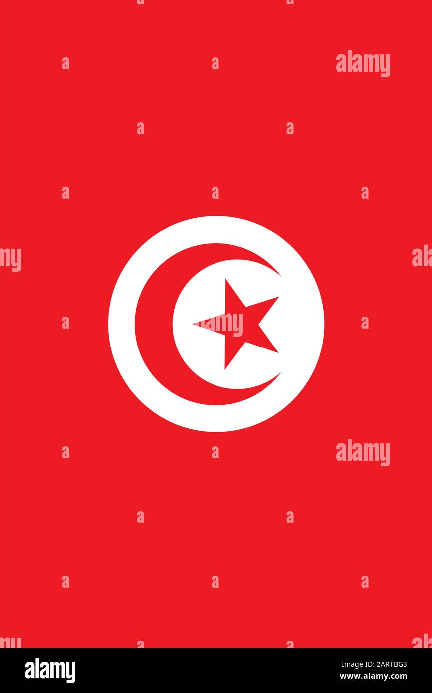 Flag of Tunisia. Rectangular banner with crescent surrounding five-pointed star in the center. Vertical placement. Proper colors and proportions. Vect Stock Vector