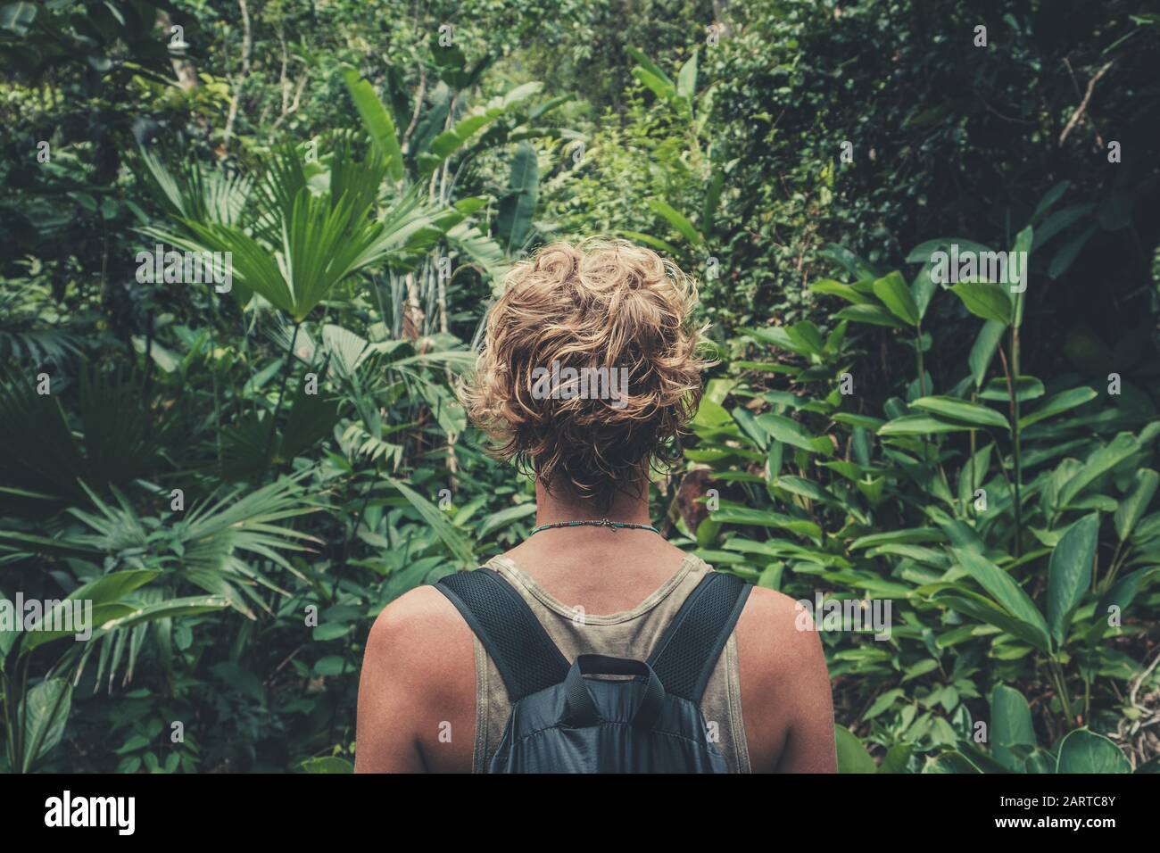 young woman with backpack hiking in tropical jungle / rainforest - Stock Photo