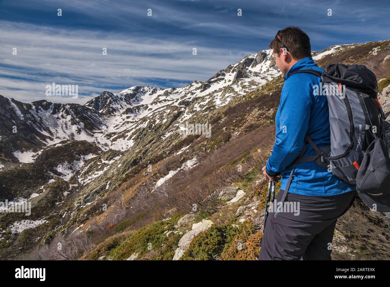 Young man on Monte Renoso Trail, part of GR 20, Haute-Corse, Corsica, France Stock Photo