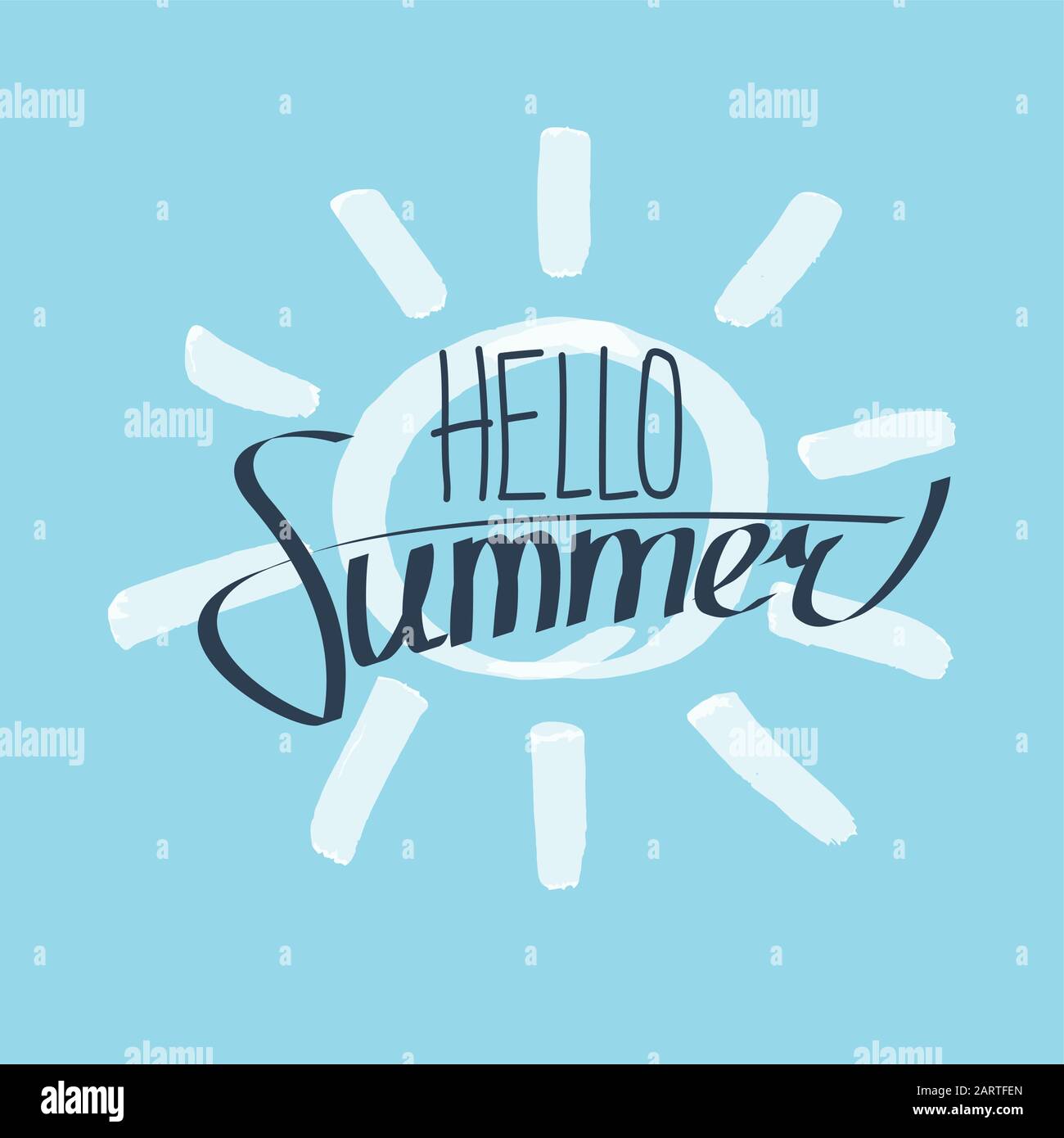 Hello summer lettering composition with hand drawn sun on background ...