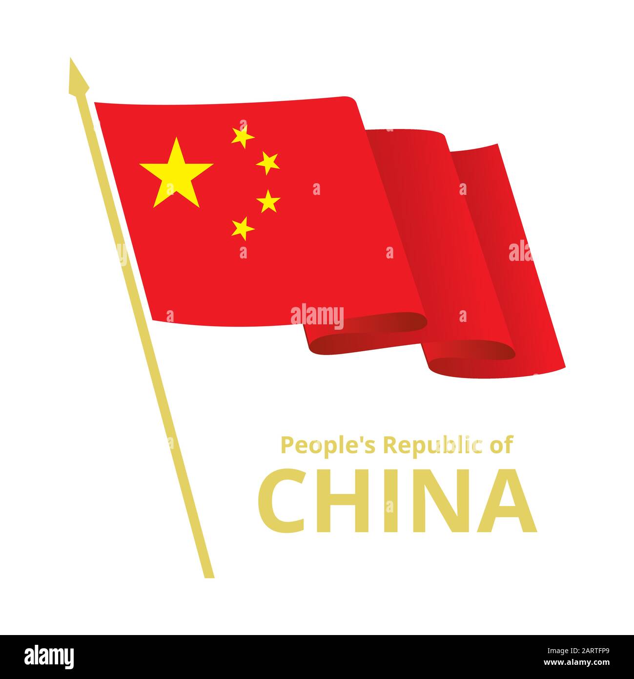 China fluttering waving flag on flagpole. Red banner with five golden