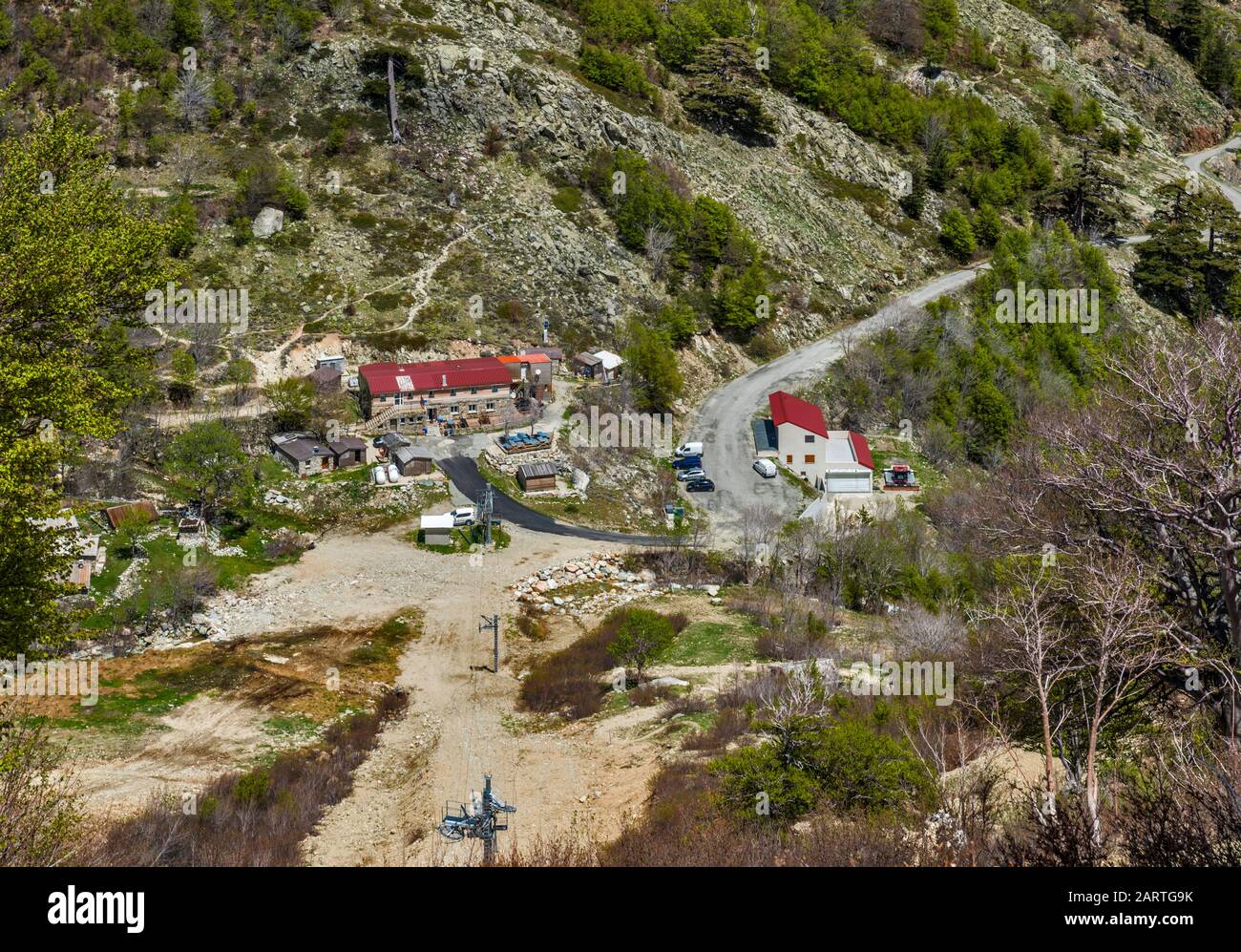 Gite d'etape U Fugone, mountain hut, ski lift at Capannelle, Monte Renoso trailhead, part of GR 20, Haute-Corse department, Corsica, France Stock Photo