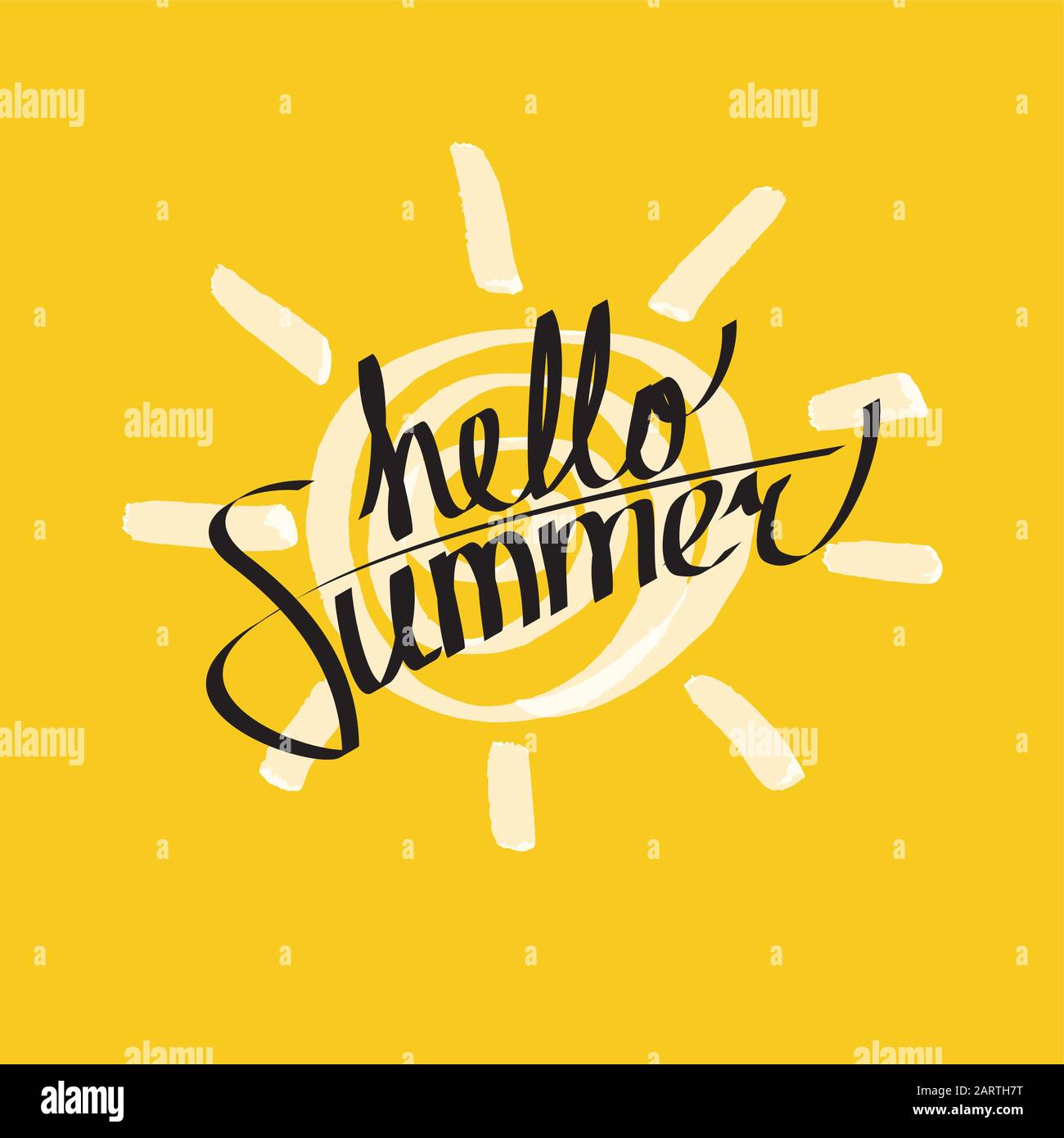 Hello summer lettering composition with hand drawn sun on background ...