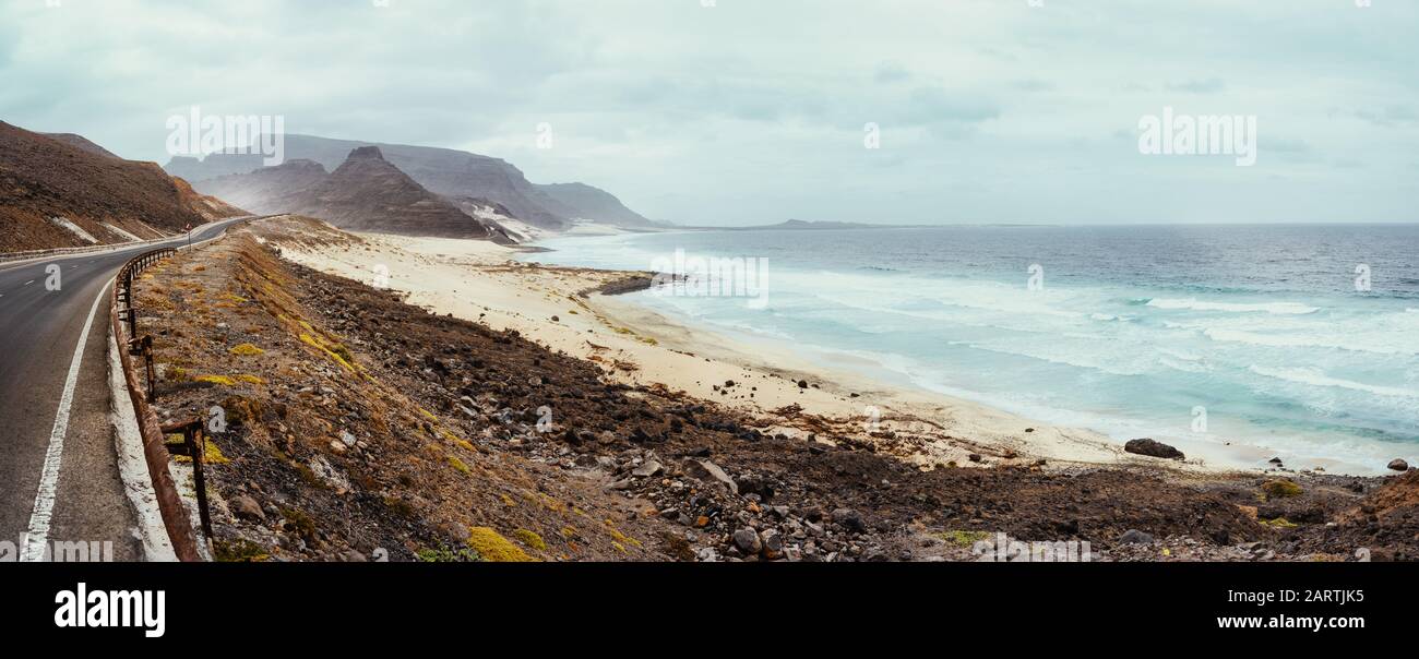 Calhau coast, Sao Vicente Island Cape Verde. Road along breathtaking volcanic landscape and atlantic ocean coastline. Stock Photo