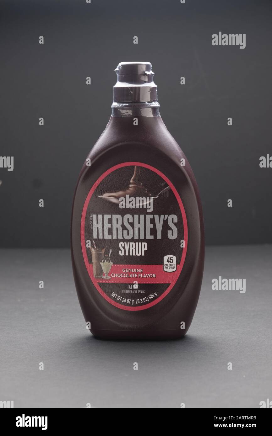 Plastic bottle of Hershey brand chocolate syrup. Used for ice cream