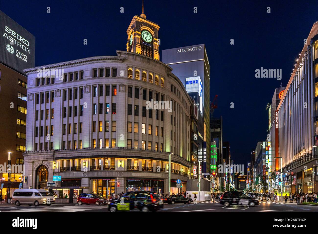 Tokyo, Japan, August 2019 – Ginza Wako department store is the most iconic building of the famous upscale shopping area of Tokyo Stock Photo