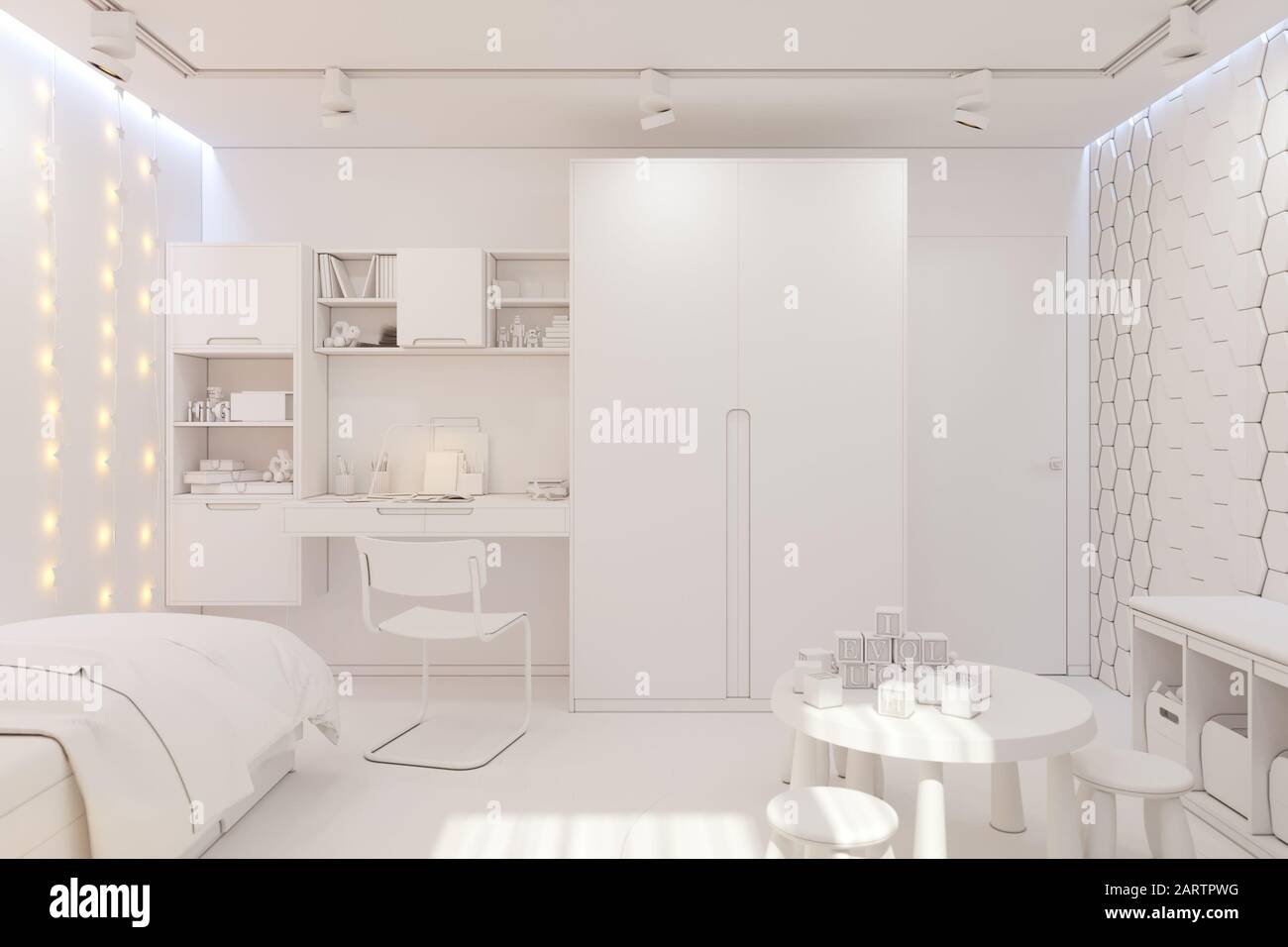 3d Render Of The Kid Bedroom In White Color Visualization Of The Concept Of Interior Design Kids Room For Boy In A Space Theme Stock Photo Alamy