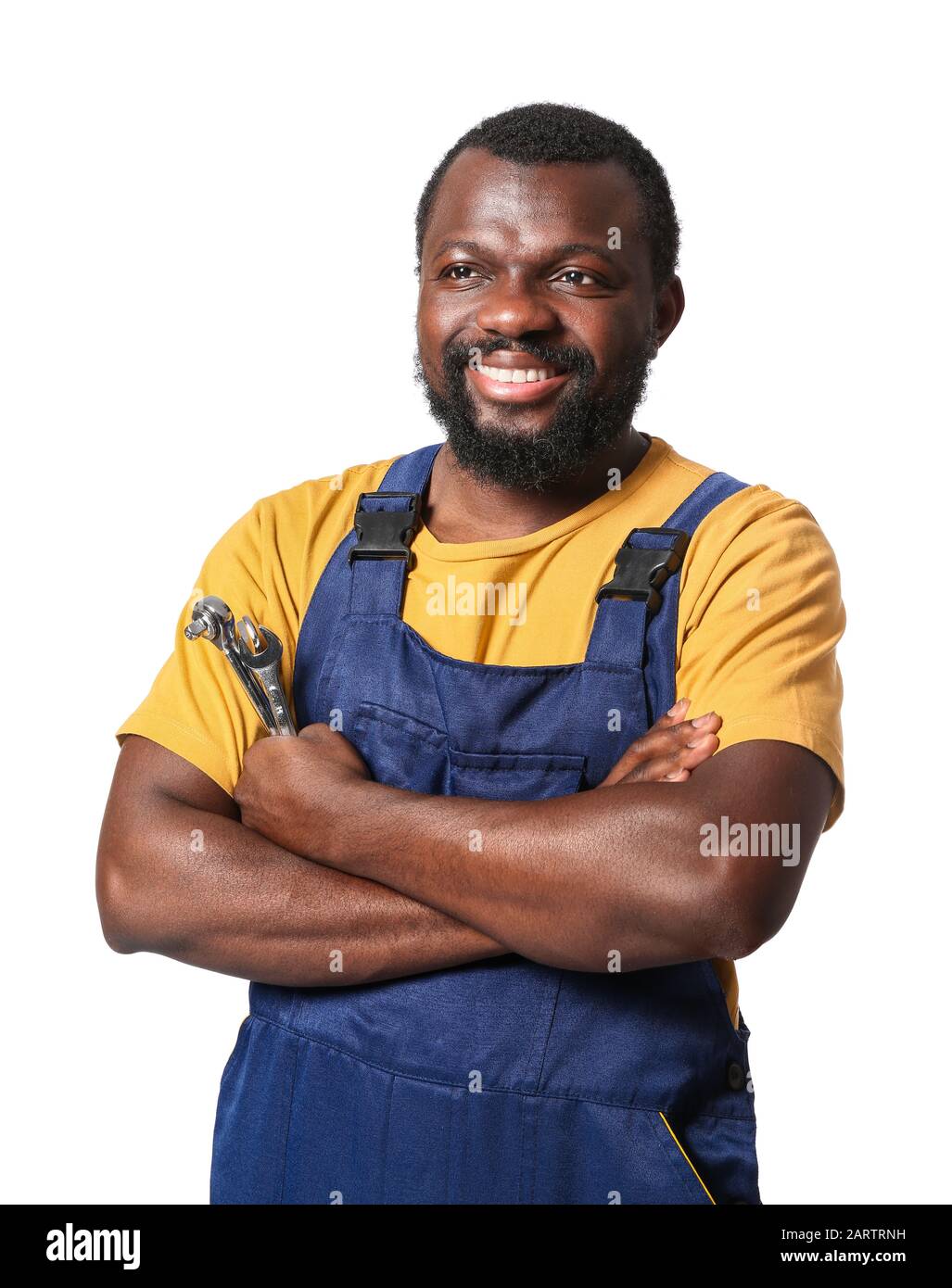 African-American car mechanic on white background Stock Photo - Alamy