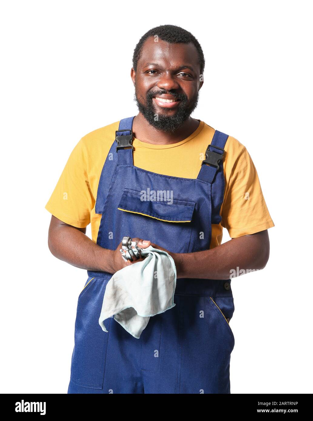 African-American car mechanic on white background Stock Photo - Alamy