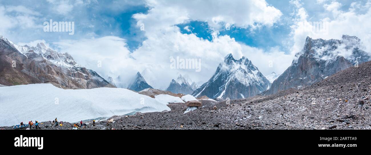 Panoramic view of Baltoro Glacier from Goro II to Concordia Camp with Ice Formation, Mitre Peak and Gasherbrum, Pakistan Stock Photo