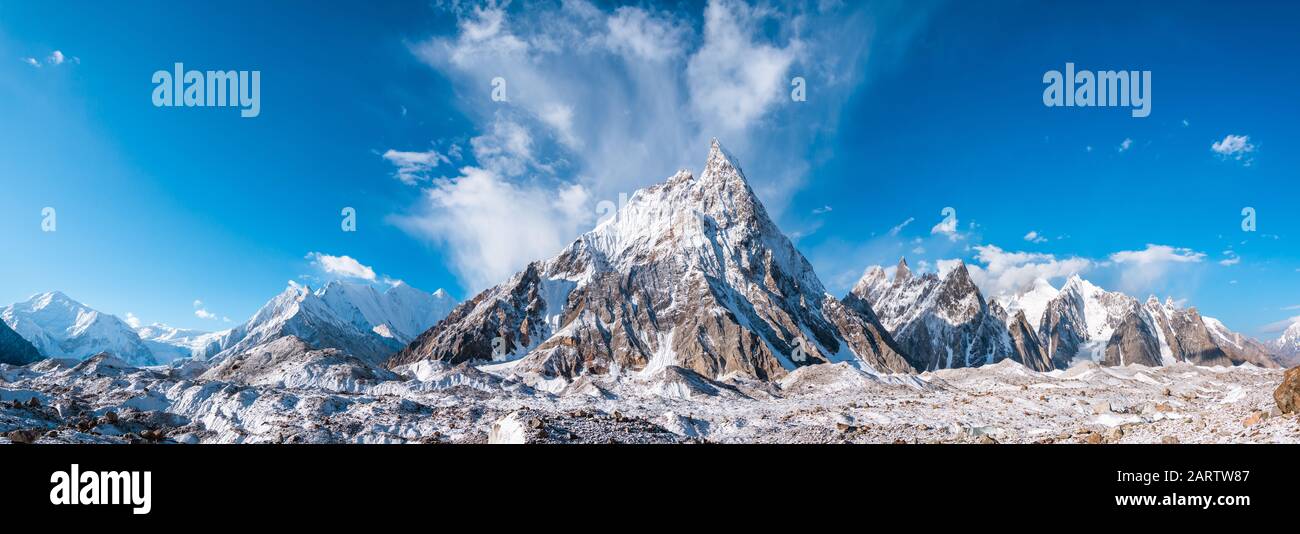 Panoramic view of Mitre Peak and Baltoro Galcier and Karakoram Mountains from Concordia, Pakistan Stock Photo