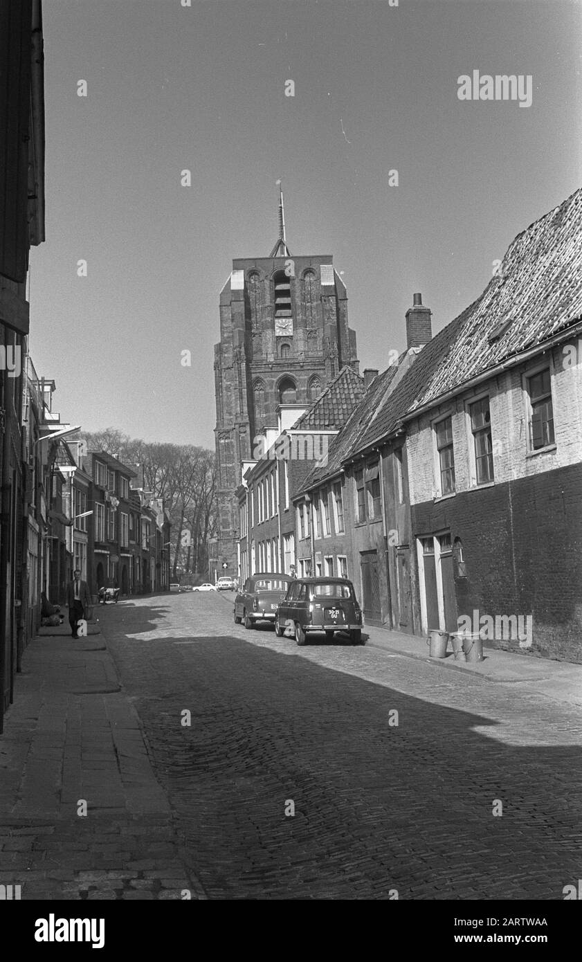 City views Leeuwarden. Torenstraat with the tower Oldehove in the background Date: 8 april 1969 Location: Friesland, Leeuwarden Keywords: architecture, facades, Gothic, cityscapes, towers Stock Photo