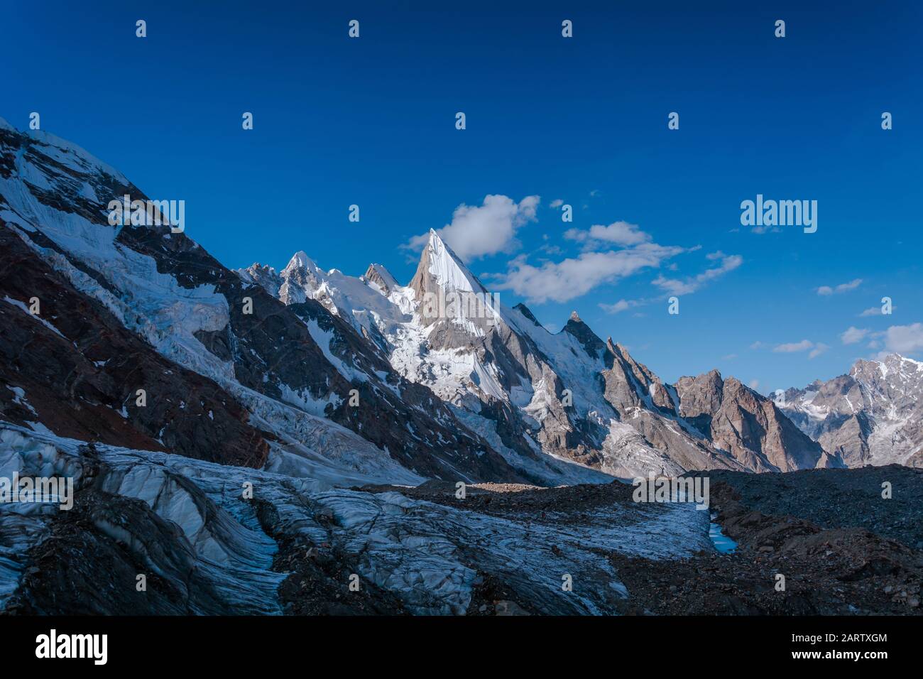 Laila Peak from Gondogoro Glacier nearby Khuspang Camp, Pakistan Stock Photo