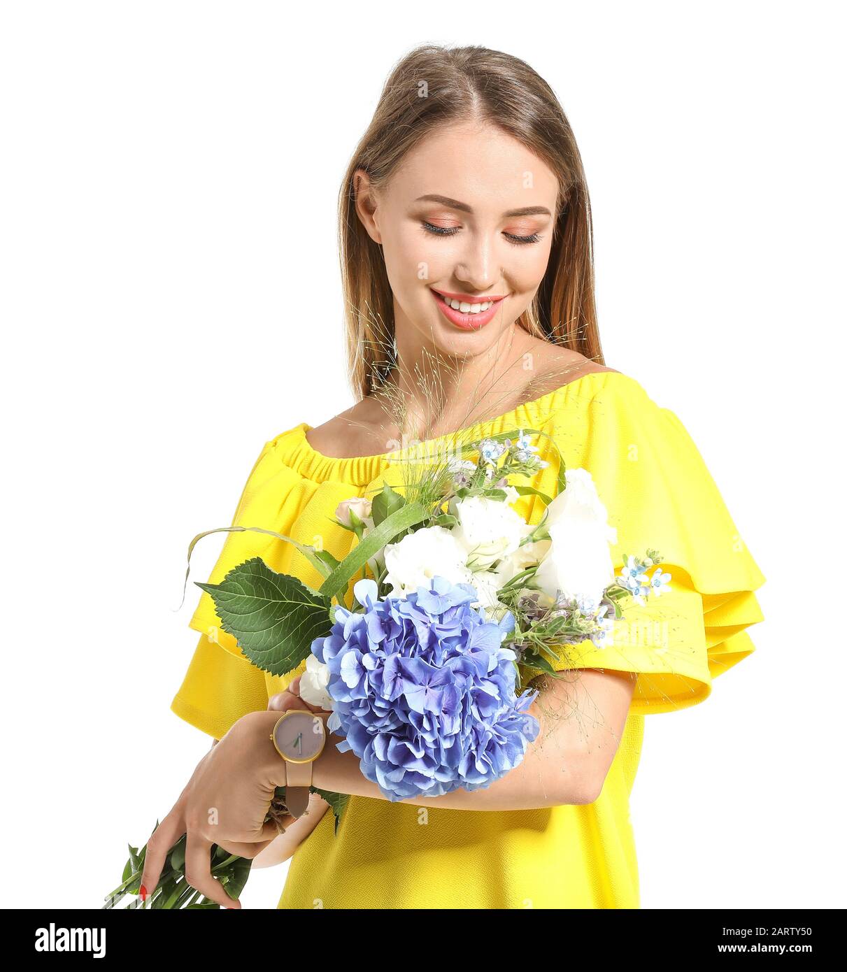 Beautiful young woman with bouquet of flowers on white background Stock ...