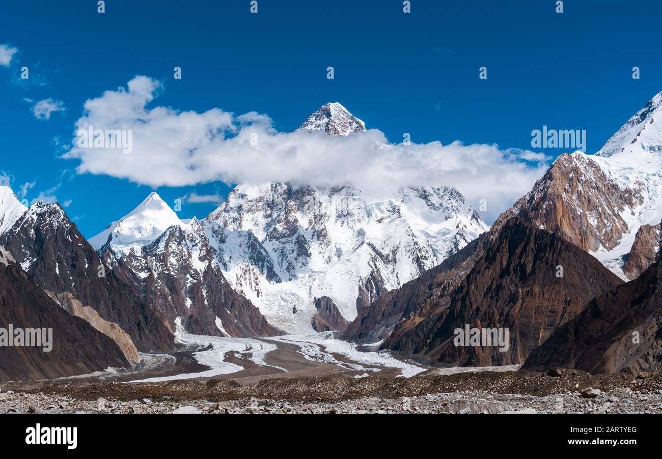 View of K2, the second highest mountain in the world with Upper Baltoro Glacier, Pakistan Stock Photo