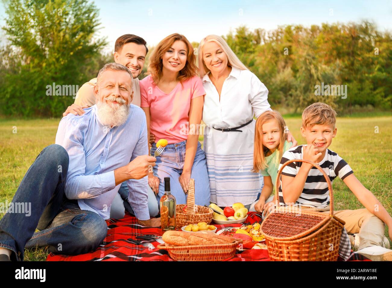 Big family having picnic in park Stock Photo - Alamy
