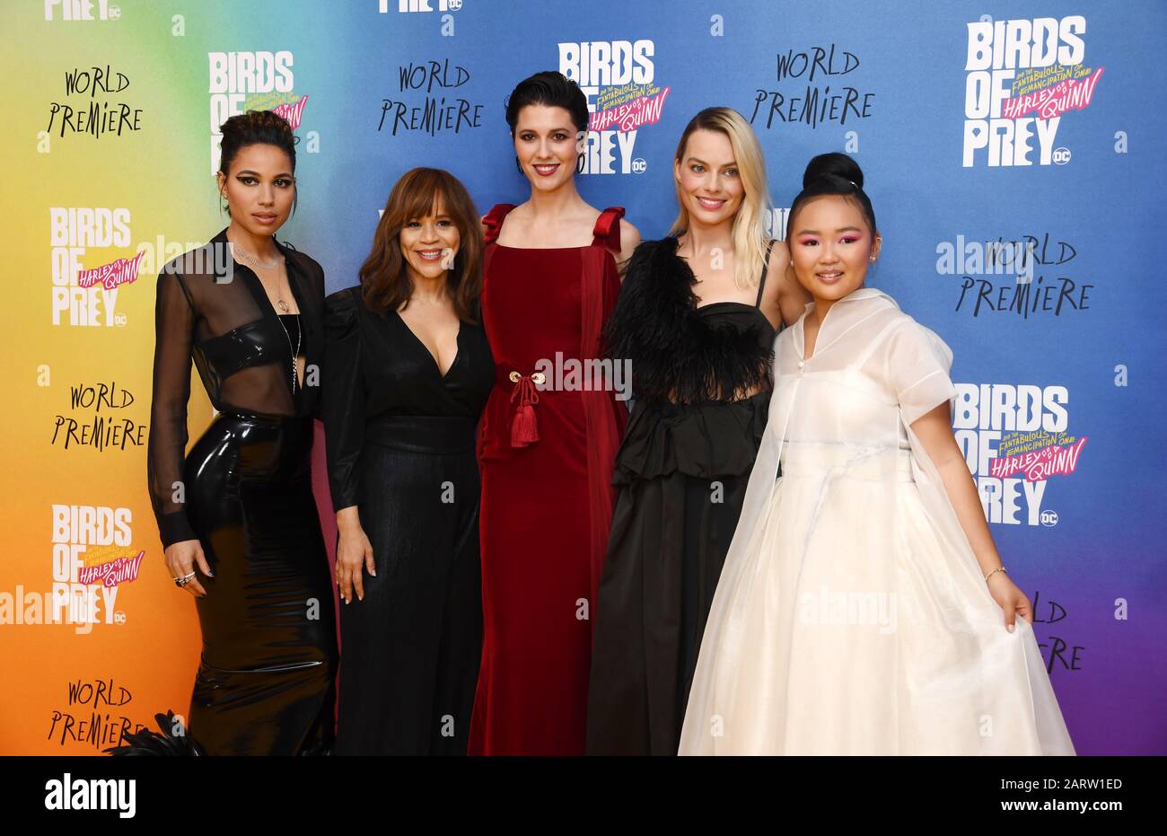 Jurnee Smollett-Bell, Rosie Perez, Mary Elizabeth Winstead, Margot Robbie  and Ella Jay Brasco attending the world premiere of Birds of Prey and the  Fantabulous Emancipation of One Harley Quinn, held at the