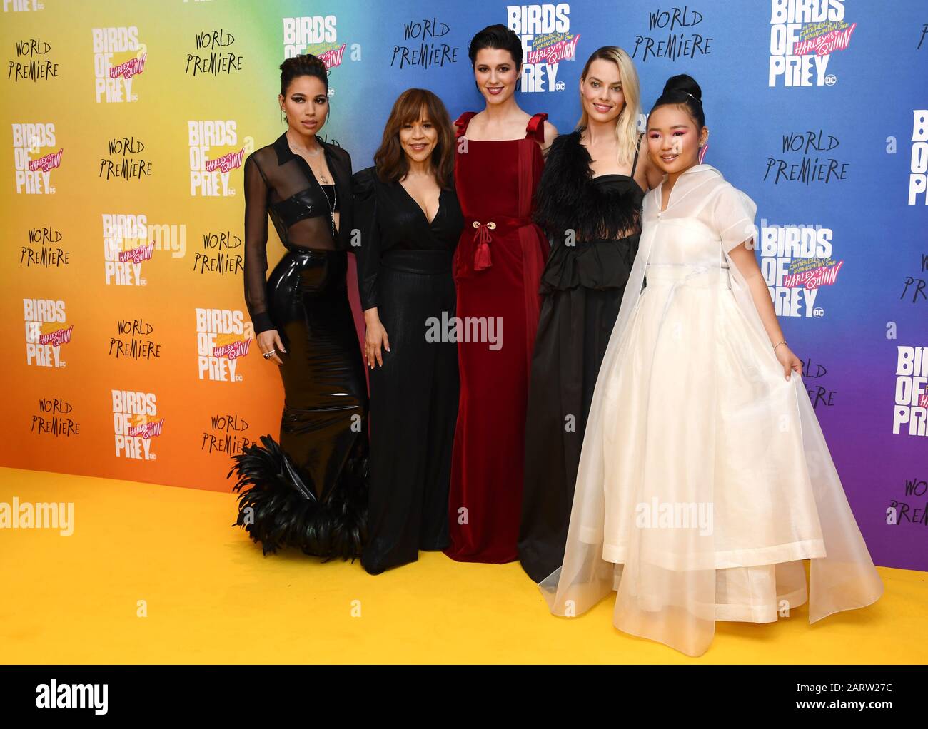 Jurnee Smollett-Bell, Rosie Perez, Mary Elizabeth Winstead, Margot Robbie and Ella Jay Brasco attending the world premiere of Birds of Prey and the Fantabulous Emancipation of One Harley Quinn, held at the BFI IMAX, London. Stock Photo