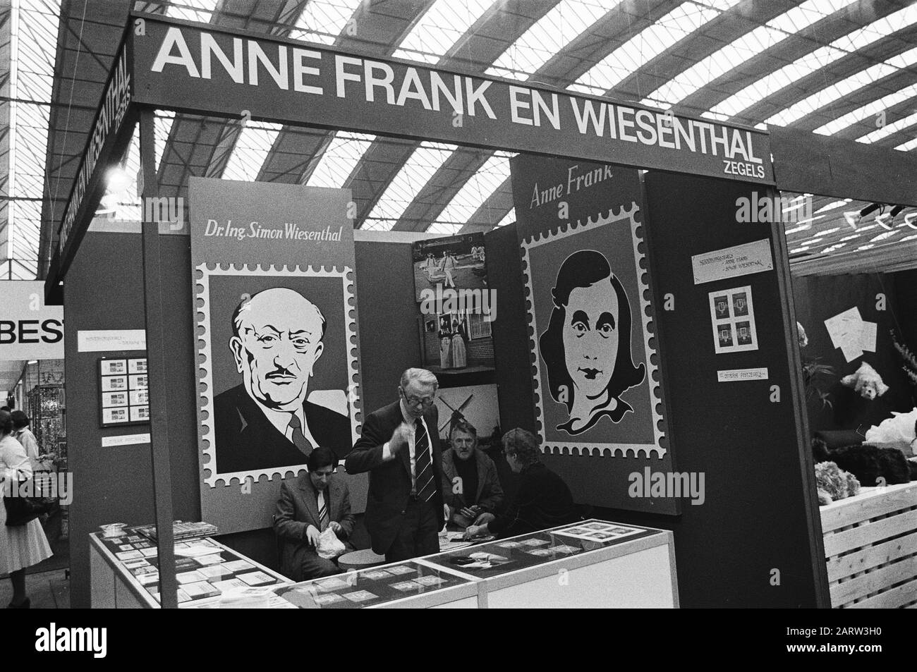 Household fair in RAI Amsterdam  Stands with commemorative stamps of Anne Frank and Simon Wiesenthal Date: 20 april 1979 Location: Amsterdam, Noord-Holland Keywords: fairs, commemorations, stamps Stock Photo