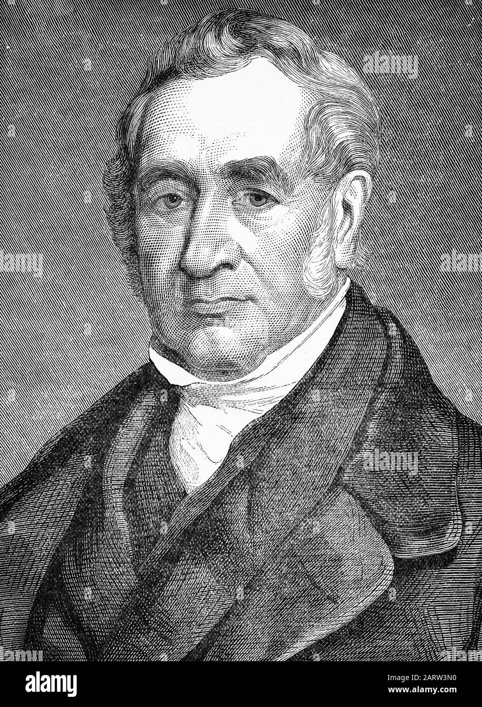 A portrait of George Stephenson (1781-1848), a British civil engineer and mechanical engineer. Renowned as the 'Father of Railways', he pioneered rail transport was one of the most important technological inventions of the 19th century and a key component of the Industrial Revolution. Built by George and his son Robert's company Robert Stephenson and Company, the Locomotion No. 1 was the first steam locomotive to carry passengers on a public rail line, the Stockton and Darlington Railway in 1825. George also built the first public inter-city railway line - the Liverpool and Manchester Railway. Stock Photo