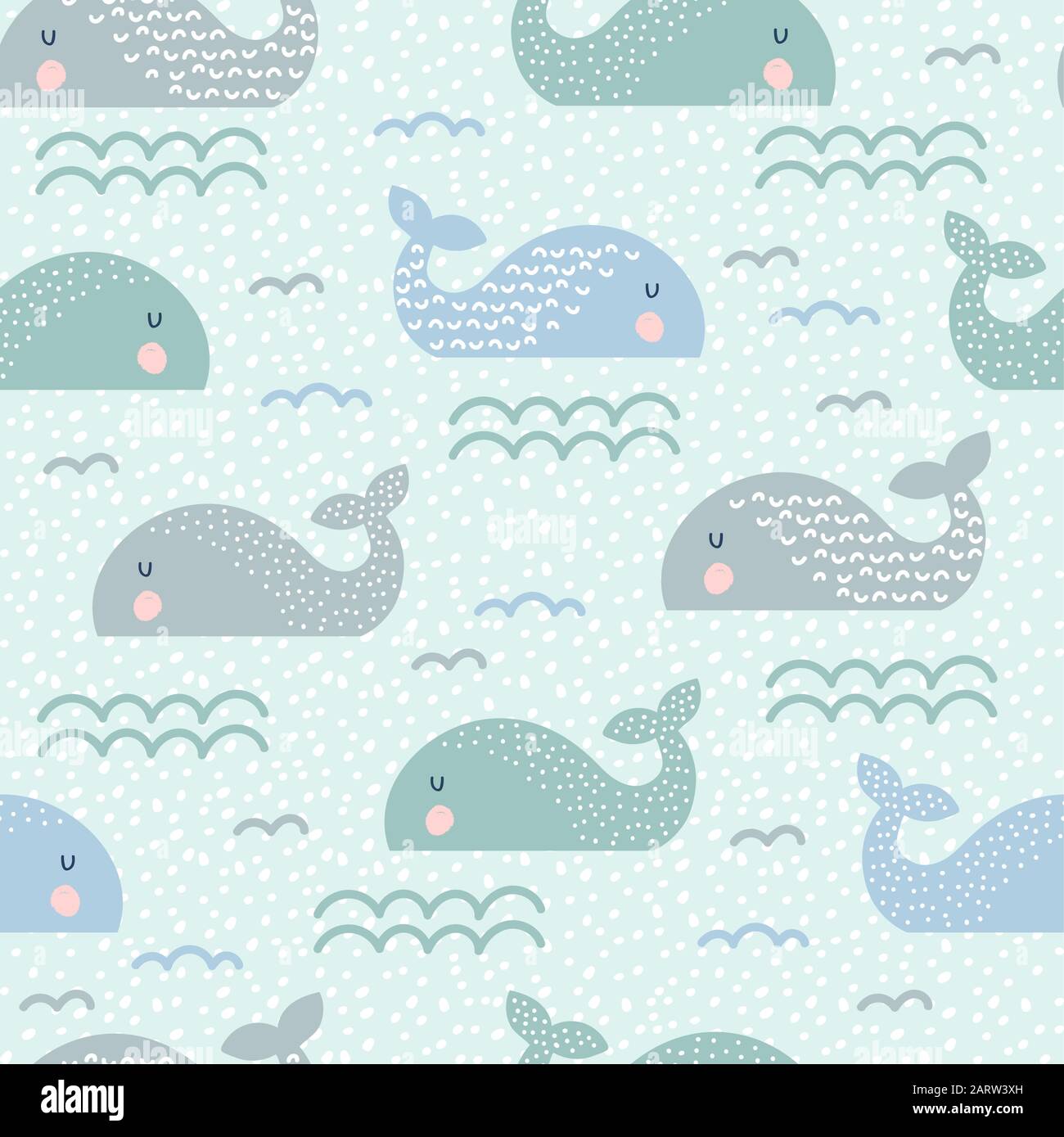 Seamless childish pattern with cute whales and hand drawn textures ...