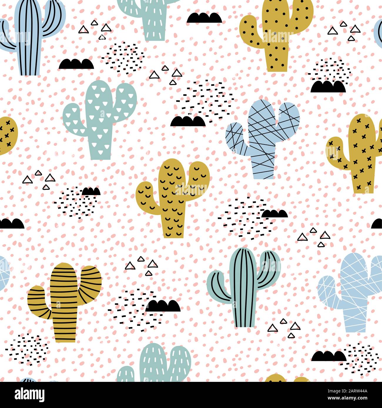 Seamless pattern with cute hand-drawn cacti and elements. Creative baby texture Stock Vector