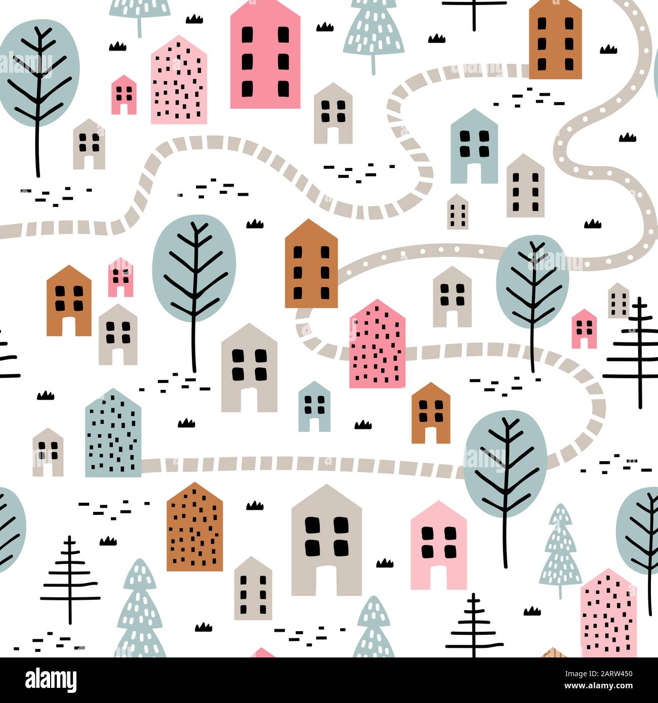 Seamless pattern with hand drawn houses and elements Stock Vector Image ...