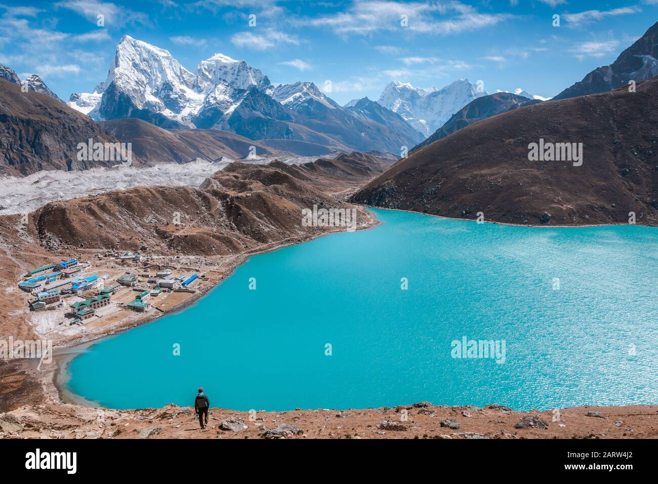 A trekker walking down to the camp in front of Gokyo Lake, Sagarmatha national park, Everest Base Camp 3 Passes Trek, Nepal Stock Photo