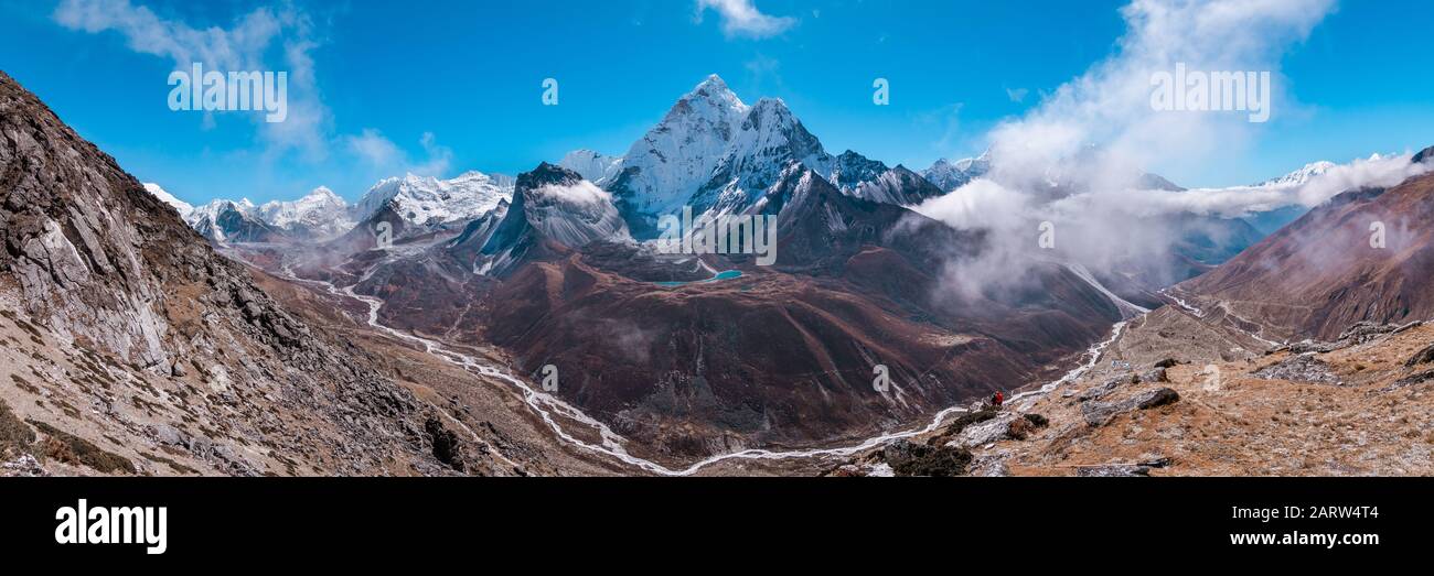 Panoramic view of Ama Dablam and Himalayan Mountains from Nangkar Tshang View Point, Dingboche, Sagarmatha national park, Everest Base Camp 3 Passes T Stock Photo