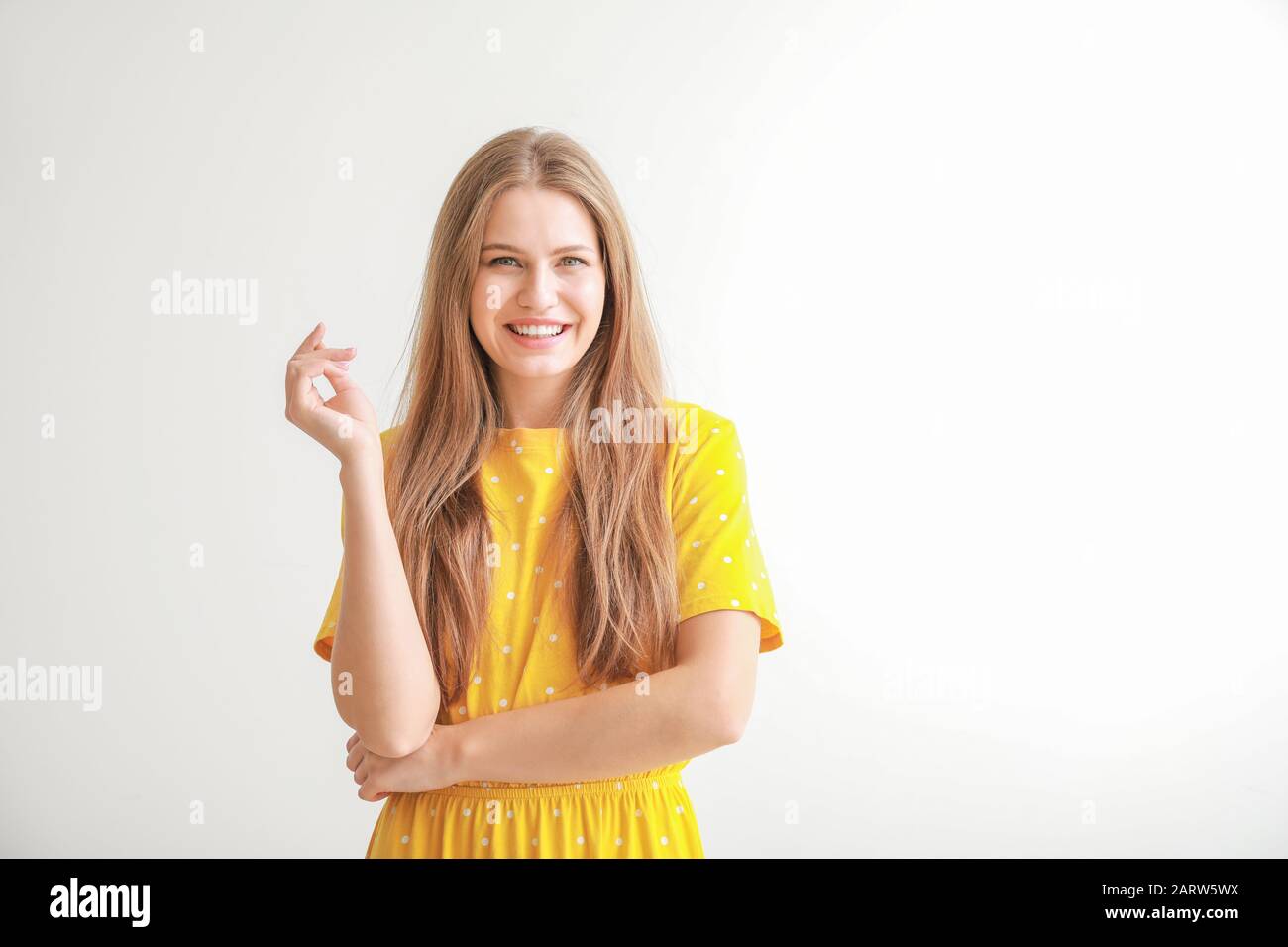 Portrait of beautiful woman on white background Stock Photo - Alamy
