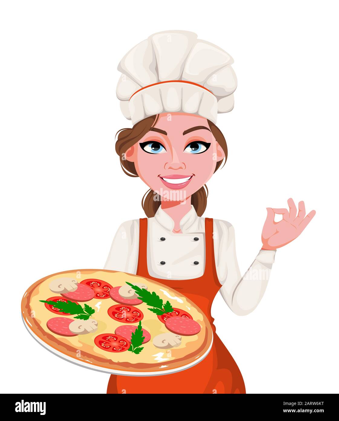 Beautiful young chef woman with delicious pizza. Pretty cook lady in ...