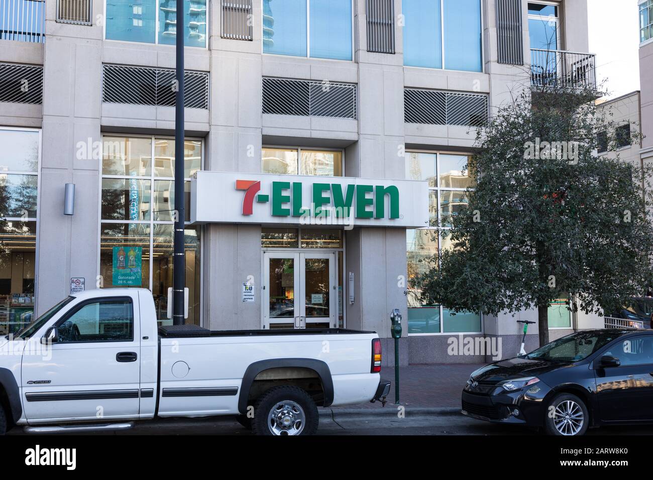 CHARLOTTE, NC, USA-26 JAN 2020: A 7-Eleven store in an urban location in uptown Charlotte. Stock Photo