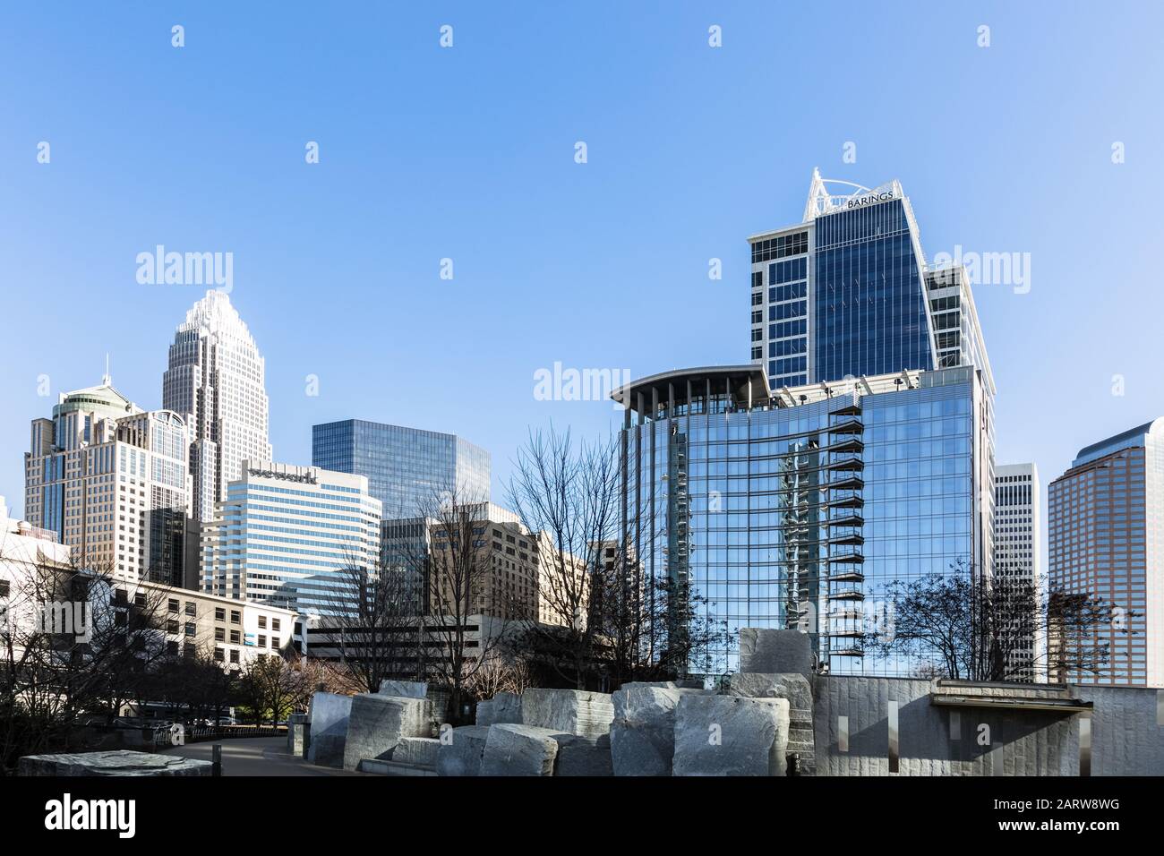 CHARLOTTE, NC, USA-26 JAN 2020: The Charlotte skyline from  Bearden Park in winter, includes  Bank of America Corporate Tower, and the Barings Tower. Stock Photo