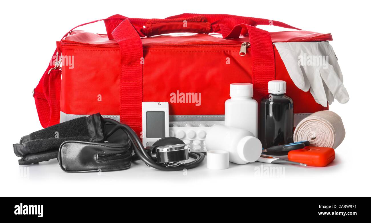 First aid kit on white background Stock Photo - Alamy