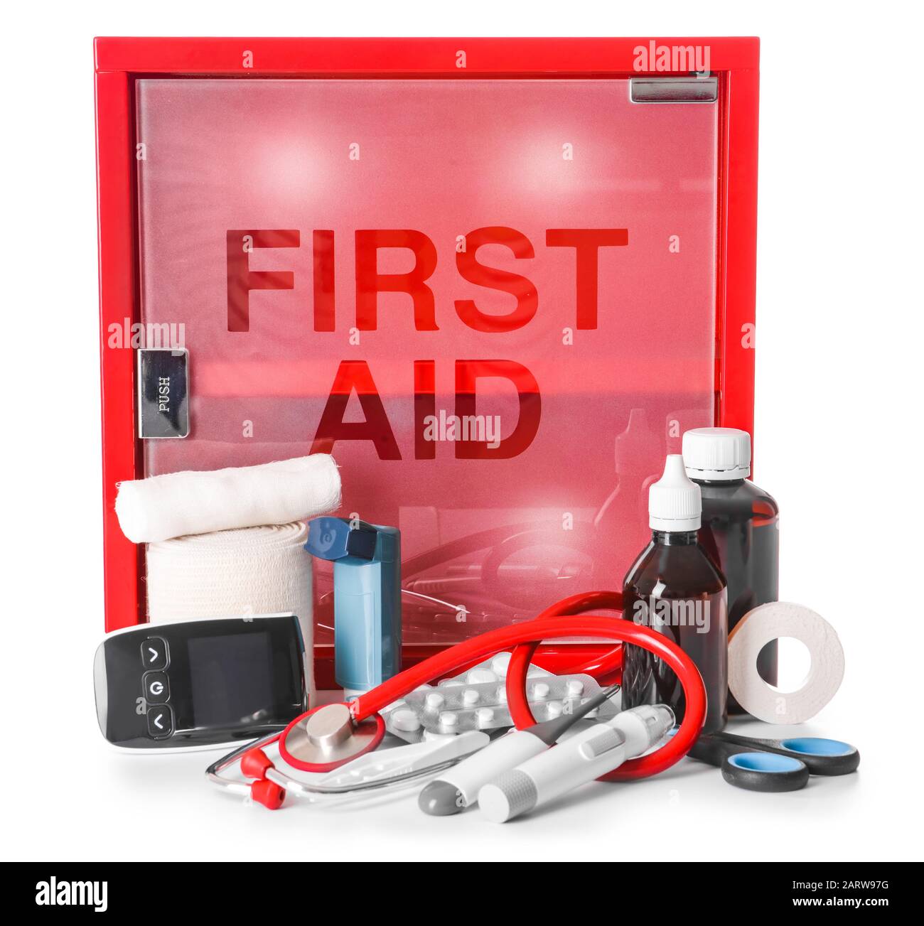 First aid kit on white background Stock Photo - Alamy