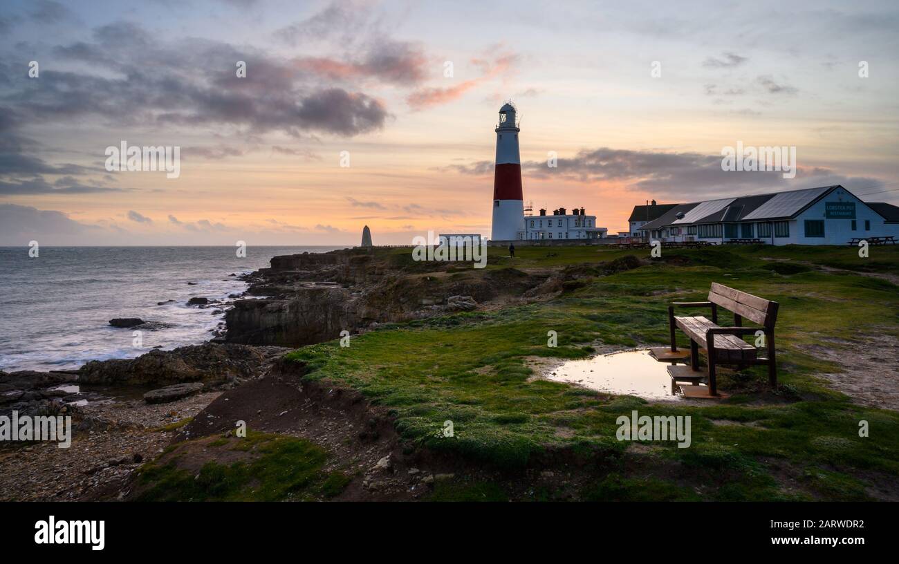 Portland Bill, Dorset 29th January 2020. UK Weather: Moody sunset skies over Portland Bill. After a day of bright sunshine the skies grow moody bringing cloudy, unsettled weather ahead of the weekend. Credit: Celia McMahon/Alamy Live News Stock Photo