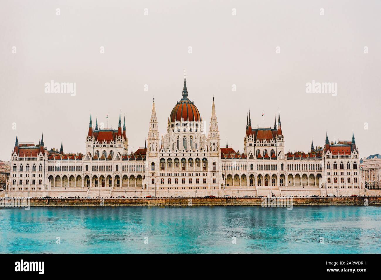 View to Hungarian Parliament Danube River. Beautiful scene of ancient gothic architecture. Stock Photo