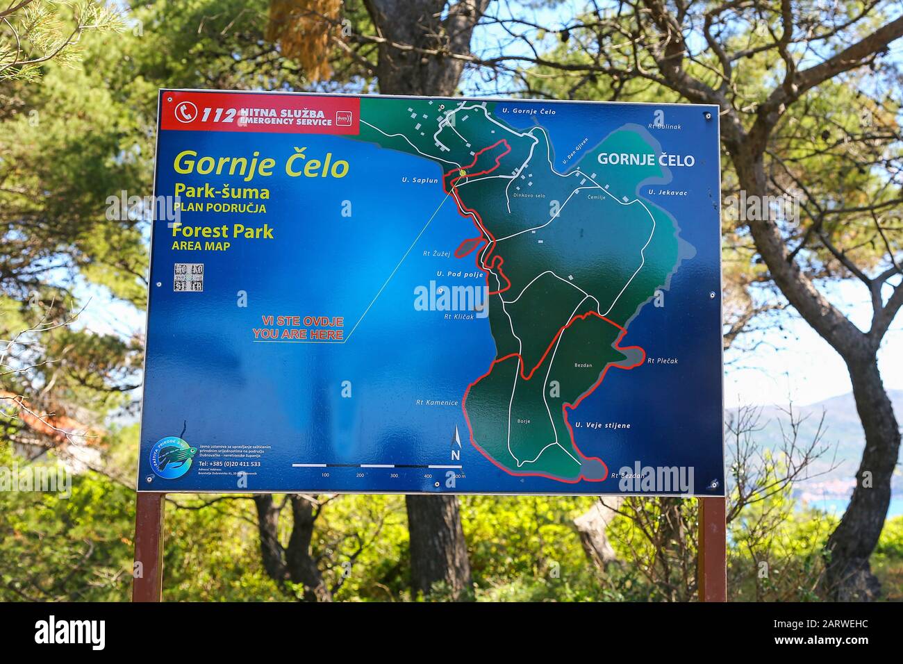 A map of the Gornje Celo Forest Park on the island of Koločep, one of the three inhabited Elaphiti Islands, Croatia, Europe Stock Photo