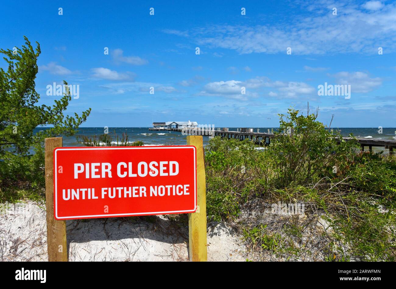 ANNA MARIA, FL - October 2,  2017: Anna Maria Historic Pier is closed after being extensively damaged by Hurricane Irma. Stock Photo
