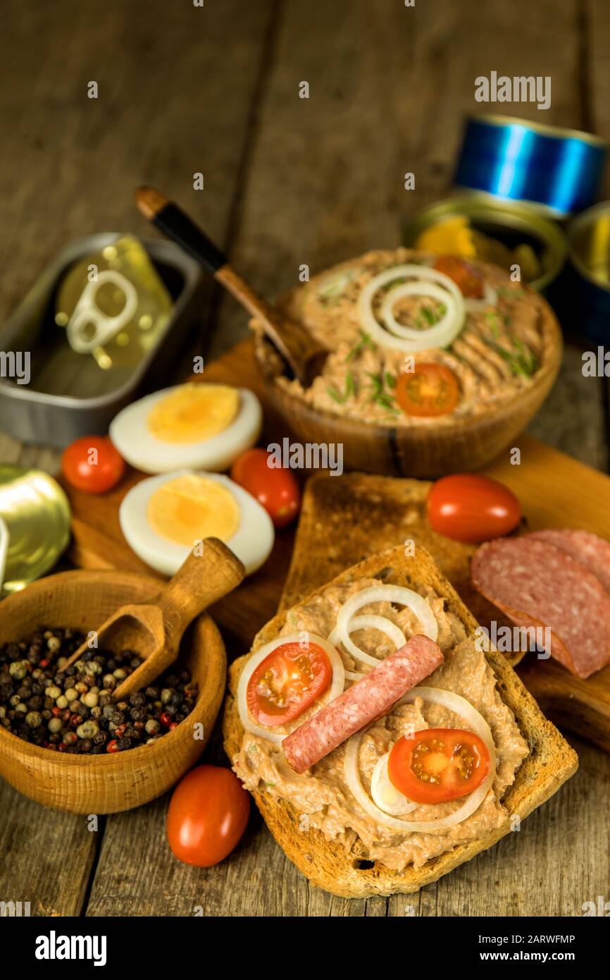 Sardine spread with toast. Healthy food from fish. Canned fish
