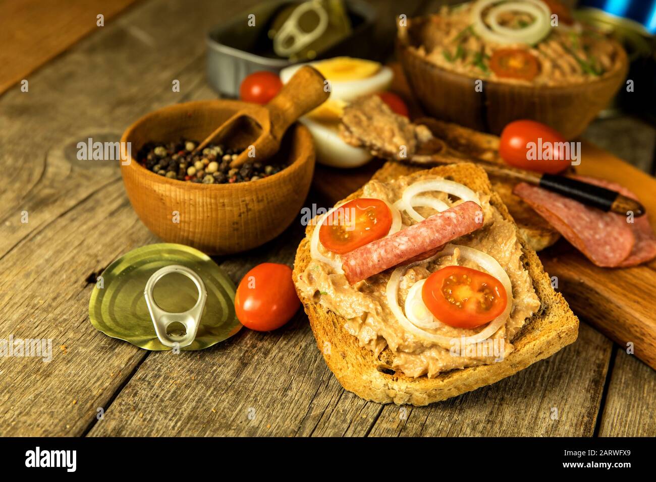 Sardine spread with toast. Healthy food from fish. Canned fish. Homemade healthy food Stock