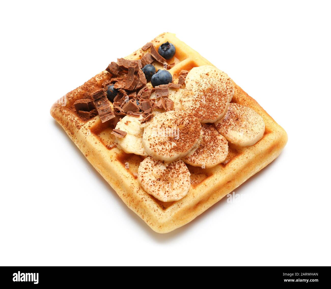Tasty waffles with banana and chocolate on white background Stock Photo ...