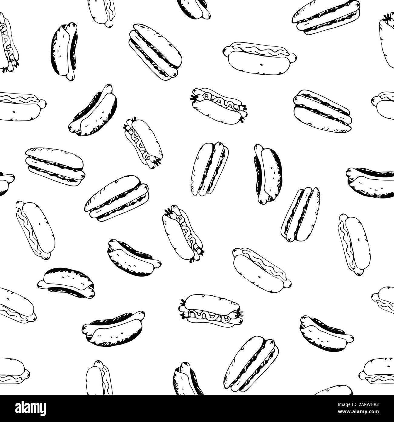 Hotdog Seamless Pattern Hand Drawn Art Fast Food Continuous