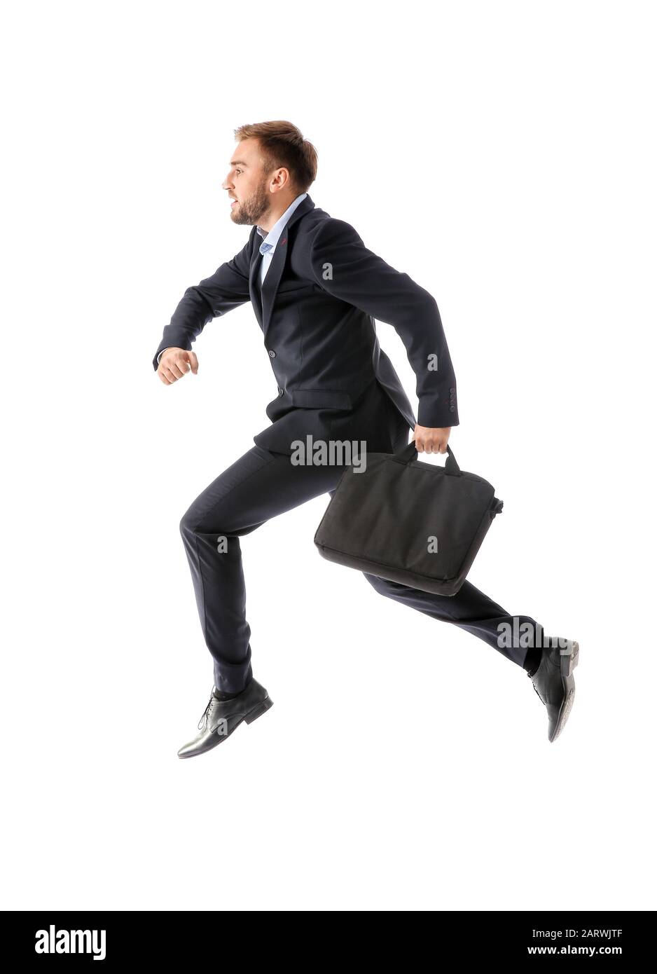 Running businessman with briefcase on white background Stock Photo - Alamy