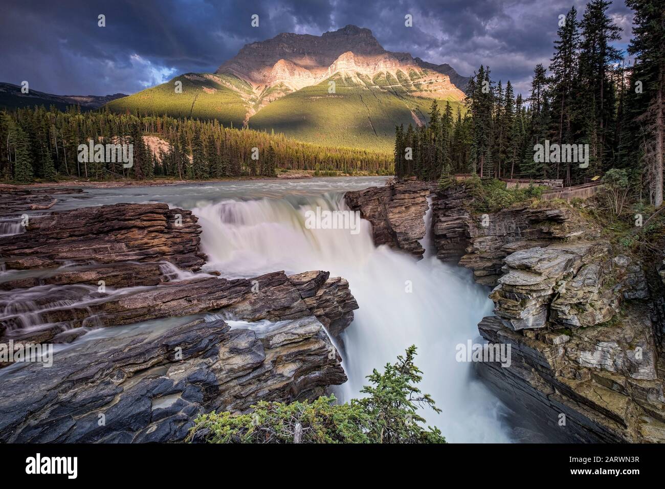 Athabasca Falls & Athabasca River backed by Mount Kerkeslin, Jasper National Park, The Rockies, Alberta, Canada Stock Photo