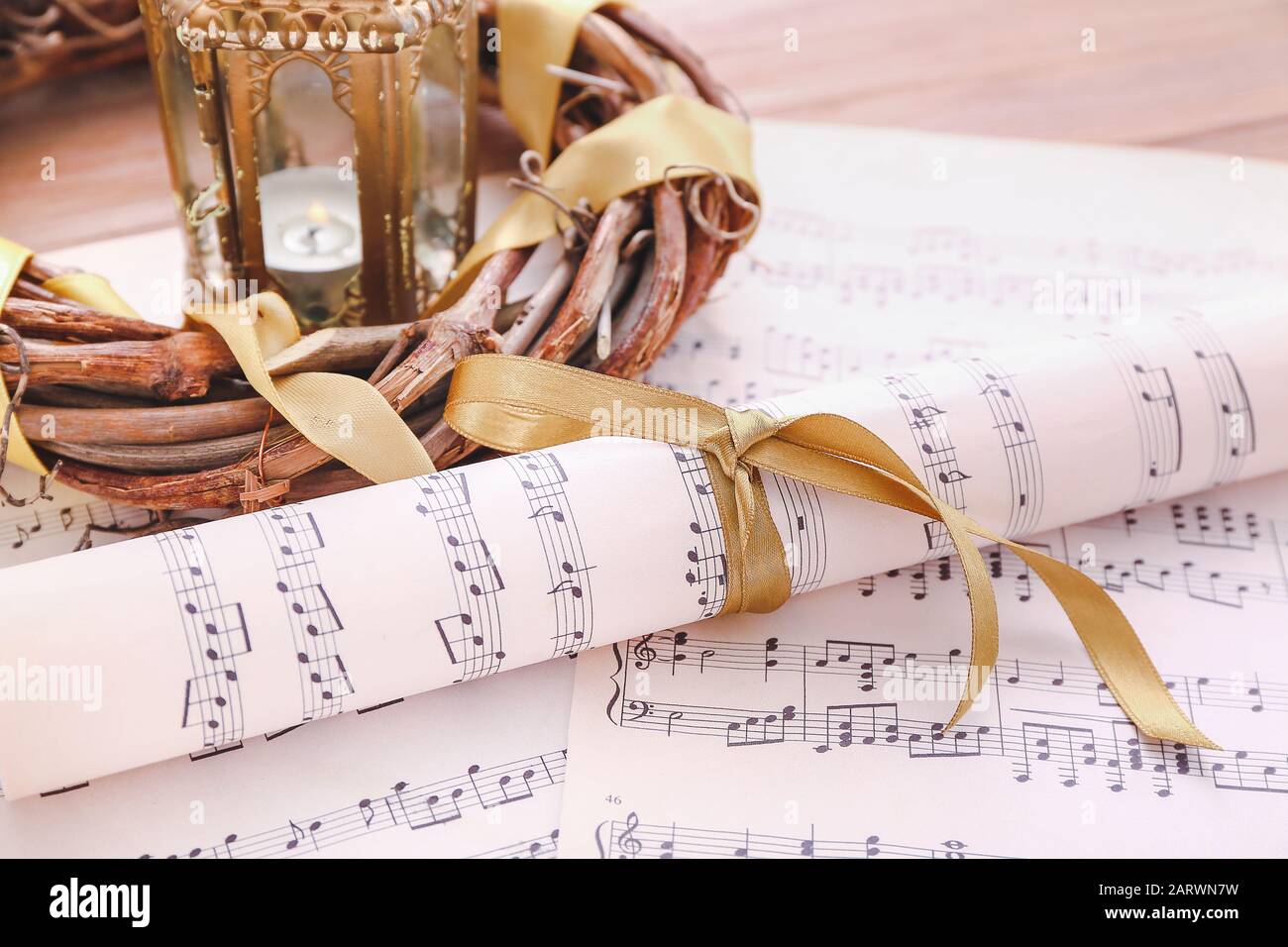 Note sheets and Christmas decor on table Stock Photo