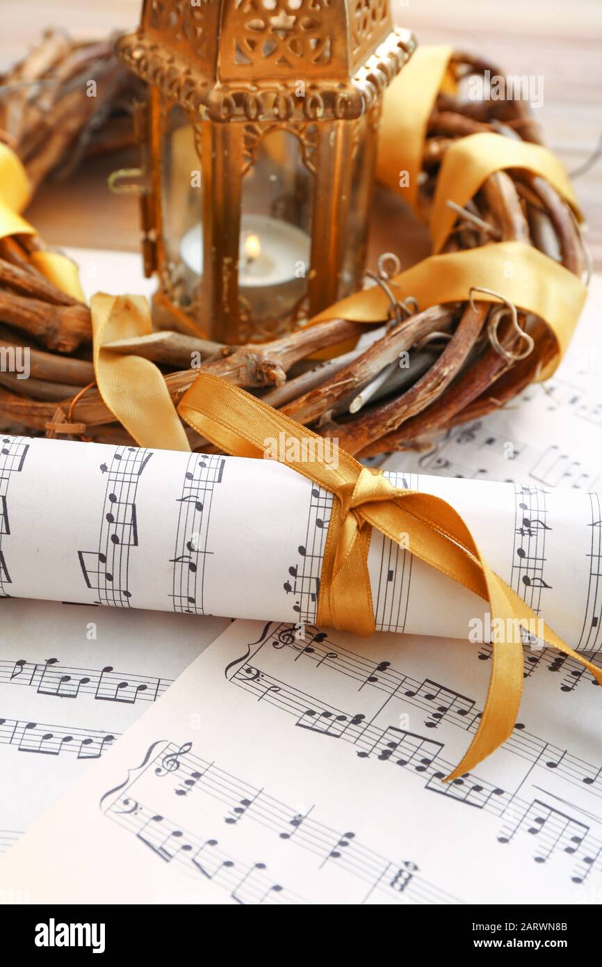 Note sheets and Christmas decor on table Stock Photo